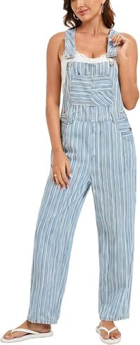 Ladyful Striped Denim Bib Overalls for Womens Loose Fit Wide Leg Denim Jumpsuit Pant Baggy Work Jean Romper in Saudi Arabia