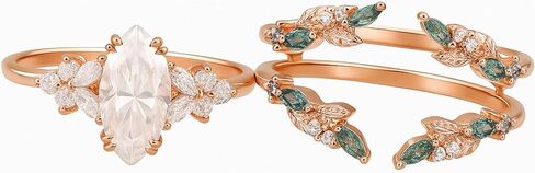 Marquise Cut Moissanite Engagement Ring Set with Vintage Moss Agate Wedding Band – Rose Gold Leaf Enhancer Bridal Set – Unique Promise Gift for Her in Saudi Arabia