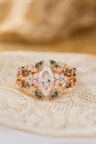 Marquise Cut Moissanite Engagement Ring Set with Vintage Moss Agate Wedding Band – Rose Gold Leaf Enhancer Bridal Set – Unique Promise Gift for Her in Saudi Arabia