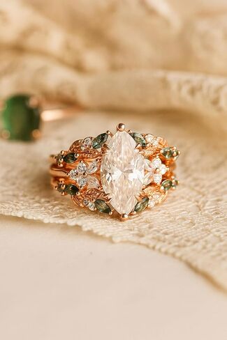 Marquise Cut Moissanite Engagement Ring Set with Vintage Moss Agate Wedding Band – Rose Gold Leaf Enhancer Bridal Set – Unique Promise Gift for Her in Saudi Arabia