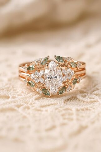 Marquise Cut Moissanite Engagement Ring Set with Vintage Moss Agate Wedding Band – Rose Gold Leaf Enhancer Bridal Set – Unique Promise Gift for Her in Saudi Arabia
