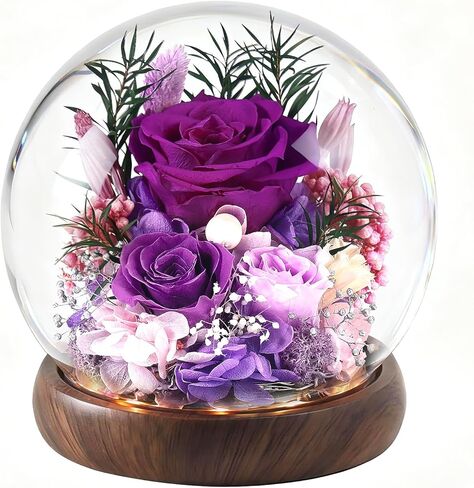 الزهور المحفوظة للتسليم - الورود المحفوظة إلى الأبد الزهور هدايا للأم الجدة، إلى الأبد الورود الأرجواني هدية في قبة الاكريليك لها هدية زهرة عيد ميلادها للمرأة زوجة الأم عيد الحب in Kuwait