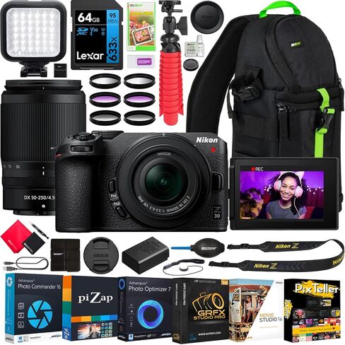 Nikon Z30 Mirrorless Camera Body 4K UHD DX-Format with NIKKOR Z DX 16-50mm F3.5-6.3 VR Lens Bundle 1749 w/Deco Gear Photography Backpack + LED + Filter Kit + Tripod + 64GB + Software & Accessories in Saudi Arabia