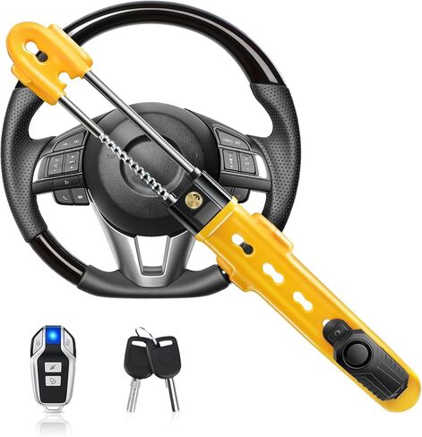 Steering Wheel Lock with 113dB Alarm, Heavy Duty Anti-Theft Car Device with Adjustable Length Locking Upgrade to Dual Protection Universal Fit for Cars Trucks Vans and SUVs (Yellow) in Saudi Arabia