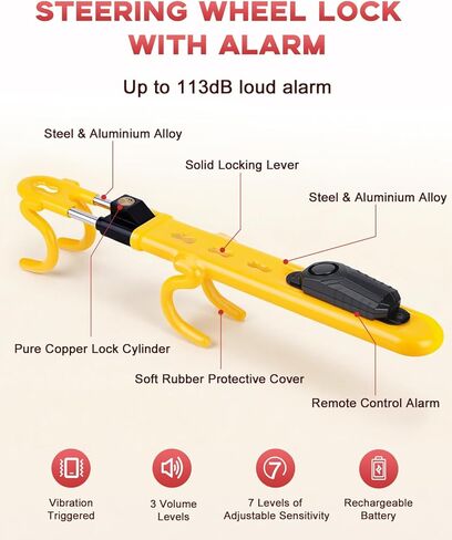 Steering Wheel Lock with 113dB Alarm, Heavy Duty Anti-Theft Car Device with Adjustable Length Locking Upgrade to Dual Protection Universal Fit for Cars Trucks Vans and SUVs (Yellow) in Saudi Arabia