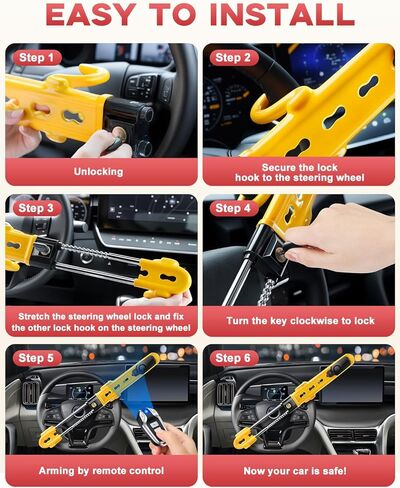 Steering Wheel Lock with 113dB Alarm, Heavy Duty Anti-Theft Car Device with Adjustable Length Locking Upgrade to Dual Protection Universal Fit for Cars Trucks Vans and SUVs (Yellow) in Saudi Arabia