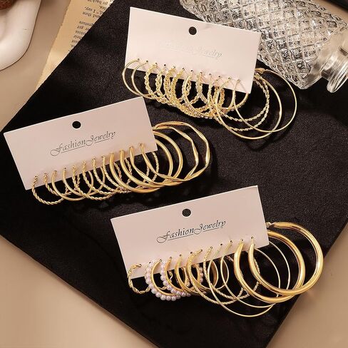 Gold Hoop Earrings Set for Women Shining Synthetic Zircon Big Hoop Earrings Pack Trendy Twisted Statement Earrings Fashion Jewelry Gifts in Saudi Arabia