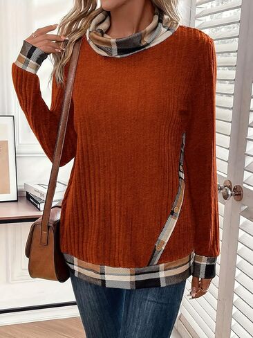 Women's Ribbed Knit Top with Plaid Mock Neck Cuffs Long Sleeve Layered Look Sweater for Fall Winter Chic in Saudi Arabia