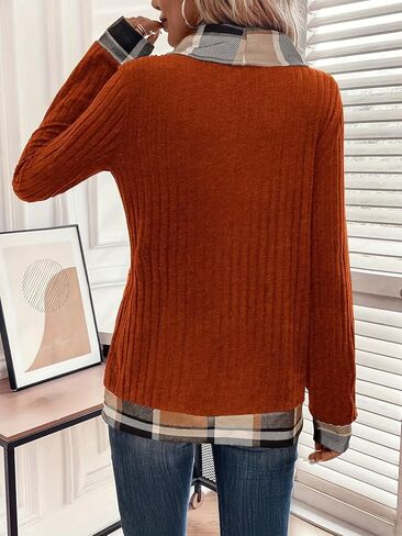 Women's Ribbed Knit Top with Plaid Mock Neck Cuffs Long Sleeve Layered Look Sweater for Fall Winter Chic in Saudi Arabia