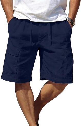 Mens Linen Cargo Shorts with Pocket Elastic Waist Drawstring Summer Casual Athletic Work Short Pants Trendy Beach Pant in Kuwait
