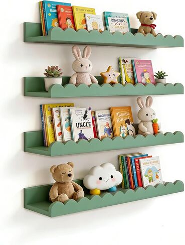 Scalloped Shelves for Nursery - Wall Book Shelves for Bedroom Kids, Nursery Bookshelf for Wall Set of 4, Floating Book Shelves Solid Wood,16 Inch, Sage in Saudi Arabia