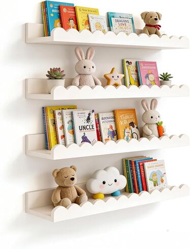 Scalloped Shelves for Nursery - Wall Book Shelves for Bedroom Kids, Nursery Bookshelf for Wall Set of 4, Floating Book Shelves Solid Wood,16 Inch, Sage in Saudi Arabia