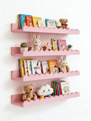 Scalloped Shelves for Nursery - Wall Book Shelves for Bedroom Kids, Nursery Bookshelf for Wall Set of 4, Floating Book Shelves Solid Wood,16 Inch, Sage in Saudi Arabia