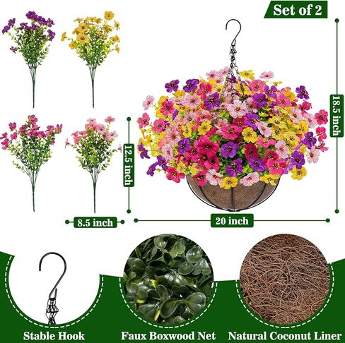 مجموعتان من سلال الزهور الصناعية المعلقة في الهواء الطلق، مجموعة نباتات معلقة وهمية مكونة من 2 تتضمن 24 قطعة من الزهور للشرفة والفناء والحديقة وديكور المنزل في الربيع والصيف (الأحمر والأرجواني والأصفر والوردي الأحمر) in Kuwait