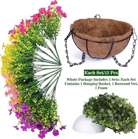 مجموعتان من سلال الزهور الصناعية المعلقة في الهواء الطلق، مجموعة نباتات معلقة وهمية مكونة من 2 تتضمن 24 قطعة من الزهور للشرفة والفناء والحديقة وديكور المنزل في الربيع والصيف (الأحمر والأرجواني والأصفر والوردي الأحمر) in Kuwait