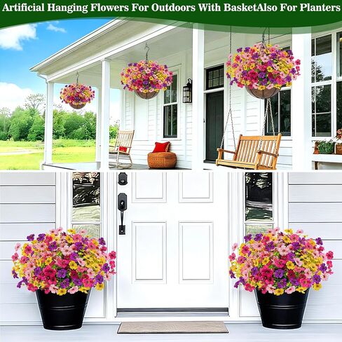 مجموعتان من سلال الزهور الصناعية المعلقة في الهواء الطلق، مجموعة نباتات معلقة وهمية مكونة من 2 تتضمن 24 قطعة من الزهور للشرفة والفناء والحديقة وديكور المنزل في الربيع والصيف (الأحمر والأرجواني والأصفر والوردي الأحمر) in Kuwait