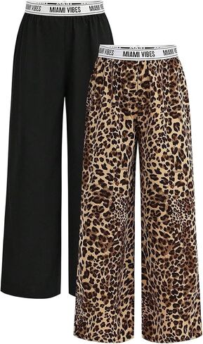Girl's 2 Piece Summer Linen Pants Cheetah Print Waistband Wide Leg Baggy Pants Casual Beach Trouser in Saudi Arabia