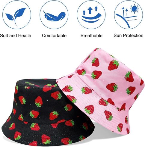 Unisex Reversible Packable Bucket Strawberry Bucket Hat,Sun Hat,Bucket Hat Packable Outdoor Summer Beach Caps for Men Women in Saudi Arabia