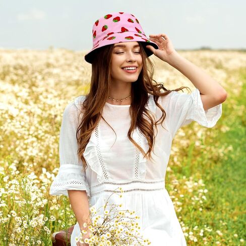 Unisex Reversible Packable Bucket Strawberry Bucket Hat,Sun Hat,Bucket Hat Packable Outdoor Summer Beach Caps for Men Women in Saudi Arabia