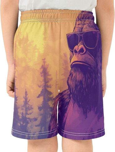 Boys' Shorts with Pockets-Lonely Sasquatch Forest Sunset, Kid's Athletic Shorts for Sport Home 7-8T in Saudi Arabia