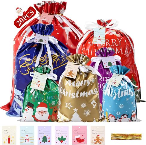 PARTTELY 36pcs Drawstrings Christmas Gift Bags Assorted Sizes, Holiday Gift Bag with Tags Bulk Christmas Bags For Gifts Wrapping, Reusable Aluminum Foil Xmas Presents Party Favor Goody Jumbo Bags in Kuwait