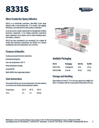 MG Chemicals 8331S Silver Epoxy Adhesive - High Conductivity, 4 hr. Working time, 15 g, 2 Dispeners (8331S-15G) in Kuwait