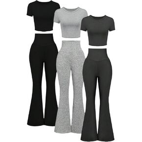 Girl's 3 Packs Short Sleeve T Shirt Flare Leg Pants Set Fitted Matching Clothing Set Yoga for 13-16Y in Kuwait
