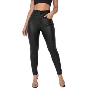 سراويل نسائية من الجلد الصناعي قابلة للتمدد سراويل ضيقة عالية الخصر من الجلد الصناعي in Kuwait