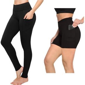 SATINA Black High Waisted Leggings with Pockets (One Size) and Black Biker Shorts 5" with Pockets (Large) in Kuwait