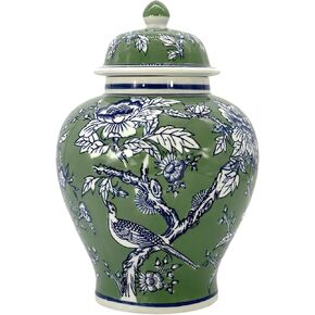 برطمان جالت إنترناشيونال كلاسيكي مزين بالزهور باللونين الأخضر والأزرق مقاس 30.48 سم مع غطاء - برطمان زنجبيل، تخزين الشاي، ديكور، مزهرية ديكور المنزل in Kuwait