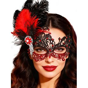 Urieo Feather Masquerade Mask Lace Venetian Mask Rhinestone Cosplay Masks for Women in Kuwait