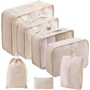 مكعبات تعبئة للسفر - 7 مجموعات من حقائب تنظيم الأمتعة للعائلة، مكعبات تعبئة شبكية قابلة للتنفس لحقائب السفر، مجموعة حقائب أساسية متينة مع حقيبة أدوات زينة كبيرة (بيج) in Kuwait