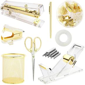 Gold Desk Accessories, Office Supplies Set with Acrylic Stapler, Tape Dispenser, Staple Remover, Pen Holder, Scissor, Binder Paper Clips, 1 Ballpoint Pen, 1 Clear Tape and 1000pcs Staples in Kuwait