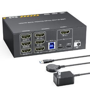 8K DisplayPort KVM Switch 2 شاشات 4 أجهزة كمبيوتر، شاشة NAWEN المزدوجة USB 3.0 DP KVM Switcher، دعم 8K@60 هرتز، 4k@144 هرتز، لشاشتين مشاركة الكمبيوتر 4، جهاز تحكم عن بعد سلكي وكابلات USB متضمنة in Kuwait