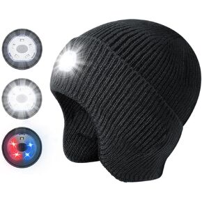 هدايا للرجال قبعة صغيرة مع ضوء، قبعة مصباح أمامي LED قابلة لإعادة الشحن عبر USB، قبعات شتوية للجنسين دافئة محبوكة على شكل غطاء للأذن للنساء والرجال (أسود) in Kuwait