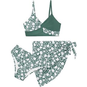 Girls Swimsuit, Bathing Suits 3 Piece Tropical Floral Twist Cross Bikini Sets Girls' Swimwear with Cover Up Skirt 7-16T in Kuwait