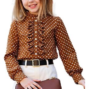 Girls Puff Sleeves Polka Dot Shirt Ruffled Button-Down Chiffon Blouse Size 8-12 Years in Kuwait