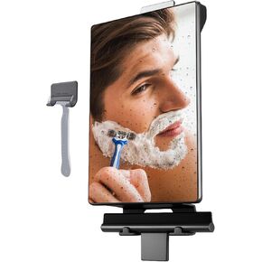 مرآة دش بدون ضباب من HONEYBULL للحلاقة - مرآة مضادة للضباب للاستحمام مع خزان مياه، حامل خطاف لاصق، حامل ماكينة حلاقة إضافي وممسحة - للرجال والنساء، ملحقات حمام صغيرة (أسود) in Kuwait