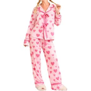 Thopavenoir Valentine's Day Pajamas Set for Women Tie Long Sleeve Heart Button Down Cropped Shirt Wide Leg Pants Satin Pj Set in Kuwait