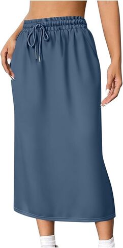 Women's Back Split Midi Skirt 2026 Summer High Waist Drawstring Spring Casual Work Long Pencil Skirts with Pockets in Saudi Arabia