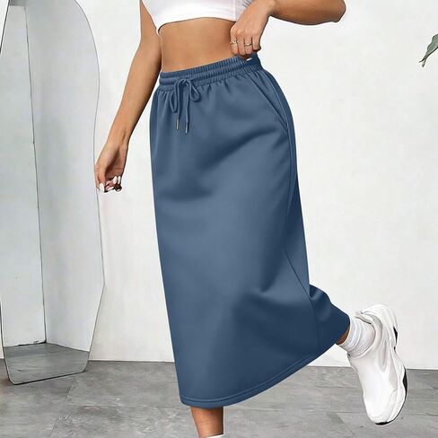 Women's Back Split Midi Skirt 2026 Summer High Waist Drawstring Spring Casual Work Long Pencil Skirts with Pockets in Saudi Arabia