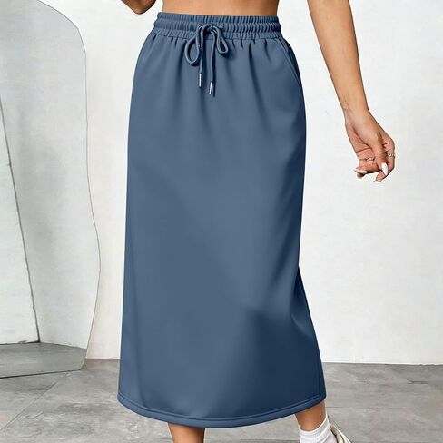 Women's Back Split Midi Skirt 2026 Summer High Waist Drawstring Spring Casual Work Long Pencil Skirts with Pockets in Saudi Arabia