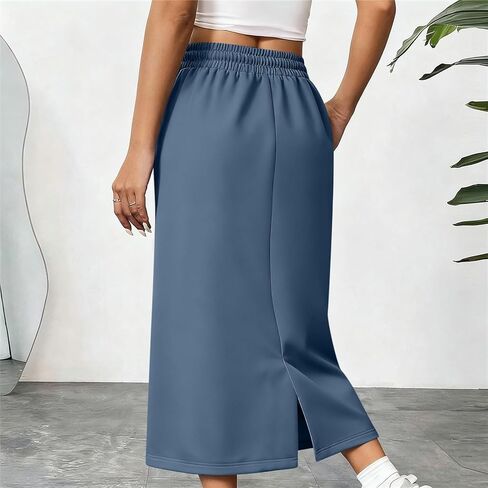 Women's Back Split Midi Skirt 2026 Summer High Waist Drawstring Spring Casual Work Long Pencil Skirts with Pockets in Saudi Arabia