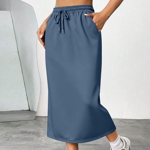 Women's Back Split Midi Skirt 2026 Summer High Waist Drawstring Spring Casual Work Long Pencil Skirts with Pockets in Saudi Arabia