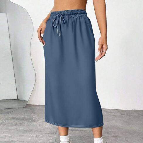 Women's Back Split Midi Skirt 2026 Summer High Waist Drawstring Spring Casual Work Long Pencil Skirts with Pockets in Saudi Arabia