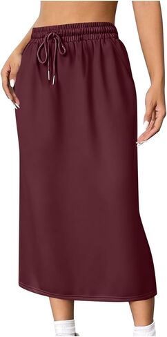 Women's Back Split Midi Skirt 2026 Summer High Waist Drawstring Spring Casual Work Long Pencil Skirts with Pockets in Saudi Arabia