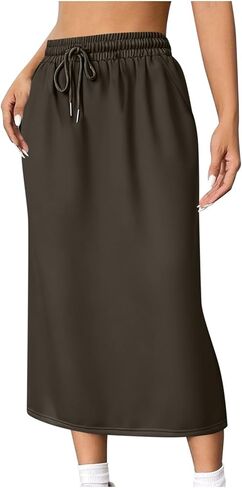 Women's Back Split Midi Skirt 2026 Summer High Waist Drawstring Spring Casual Work Long Pencil Skirts with Pockets in Saudi Arabia