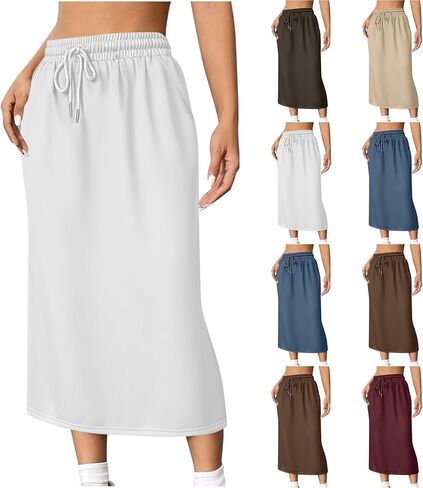 Women's Back Split Midi Skirt 2026 Summer High Waist Drawstring Spring Casual Work Long Pencil Skirts with Pockets in Saudi Arabia