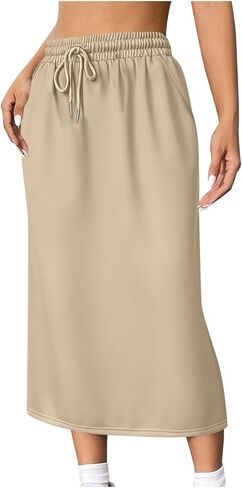 Women's Back Split Midi Skirt 2026 Summer High Waist Drawstring Spring Casual Work Long Pencil Skirts with Pockets in Saudi Arabia