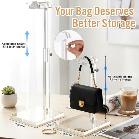 2 Pcs Acrylic Purse Display Stands, 10"-16" and 14"-24" Adjustable Height Handbag Stands for Display, Bag Table Holder, Clear Purses Hanging Rack for Closet Retail Vendor Wallet Jewelry Necklac in Saudi Arabia